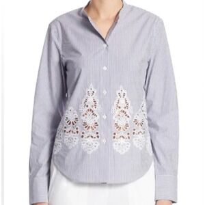 Theory Women's Shirt M Weylend Eb‎ Ashland Stripe Embroidered White GRAY Cotton